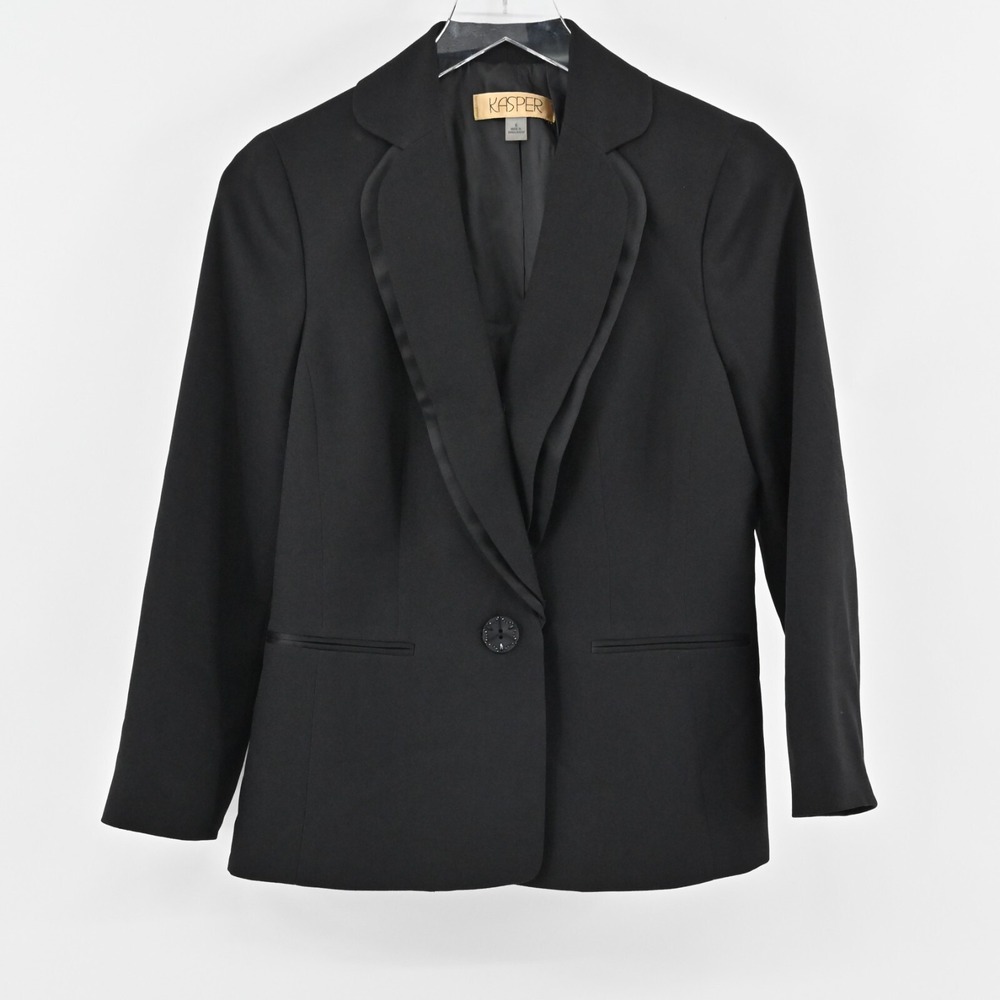 Vtg KASPER Blazer Womens Size 6 Solid Black Single Breasted Notch Collar Jacket